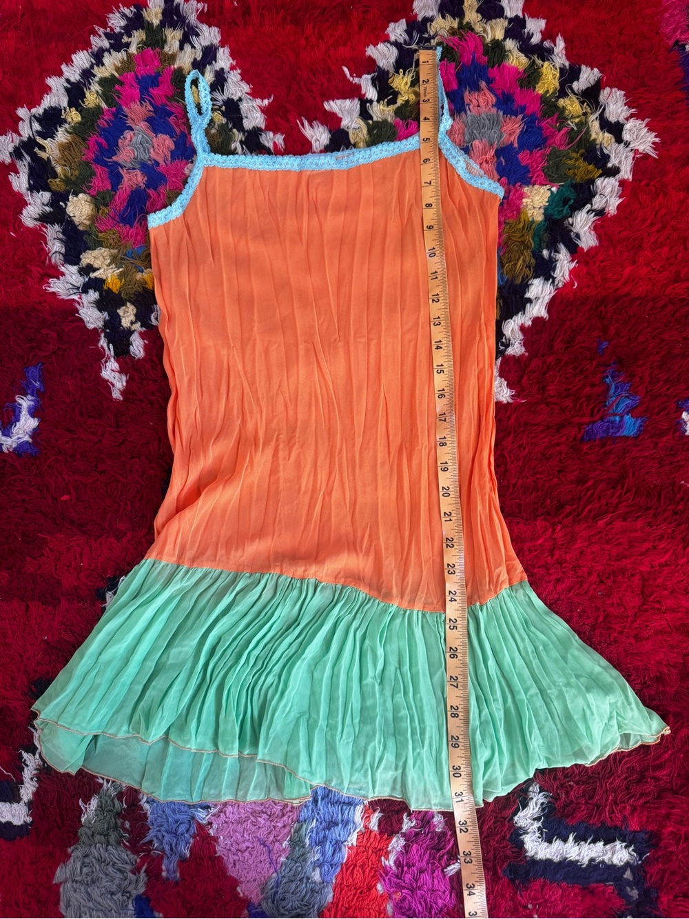 Y2K Vintage Sheer Citrus Mini Dress Orange & Mint Pleated Hem Fairy Dress Sz M - Picture 5 of 6